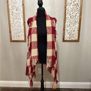 LOF Red and Cream Checkered Fringe Vest NWT